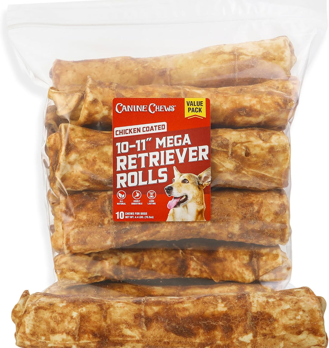 Canine Chews 10-11" MEGA Retriever Rolls Natural Rawhide for Big Dogs