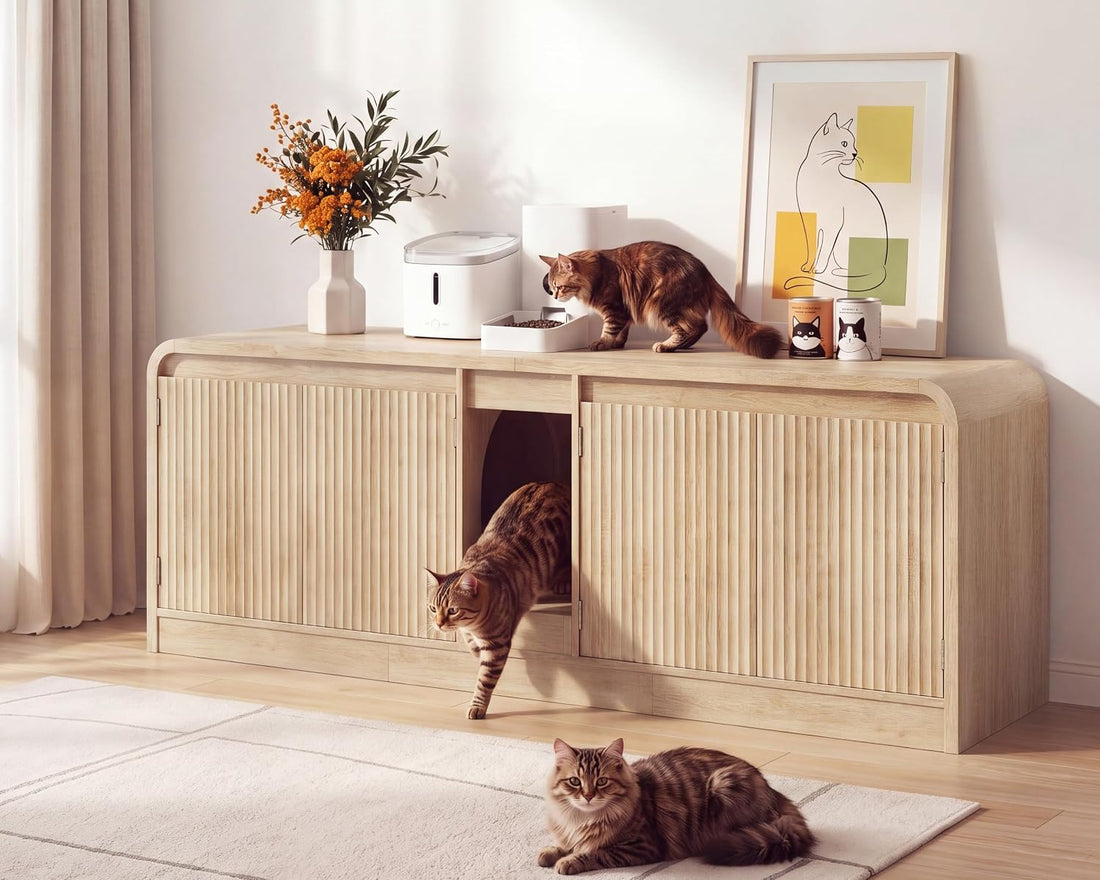 Double Litter Box Enclosure with Litter Collector, 59In, Natural