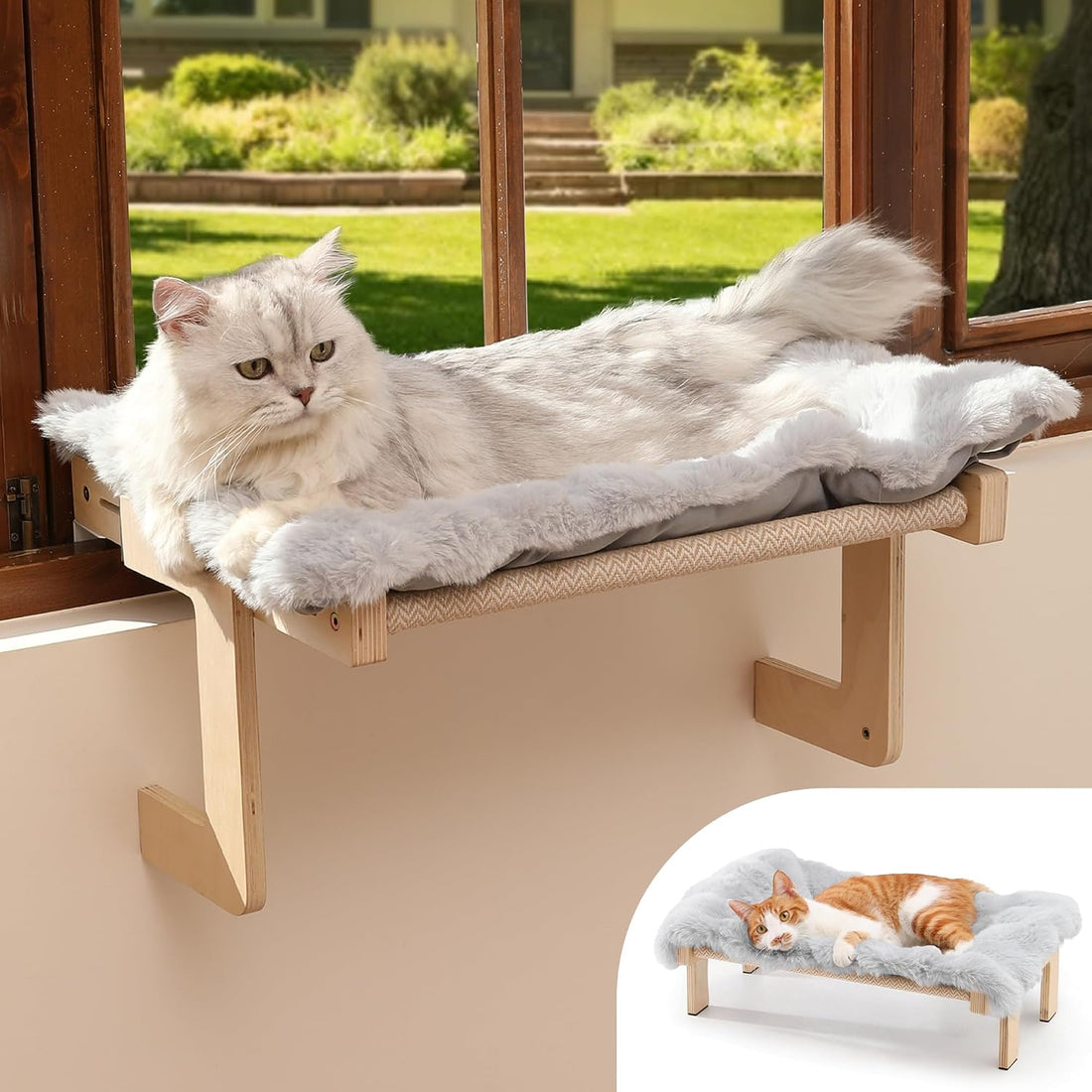 FUKUMARU Cat Window Perch, Sturdy Wood Hammock Window Bed for Indoor