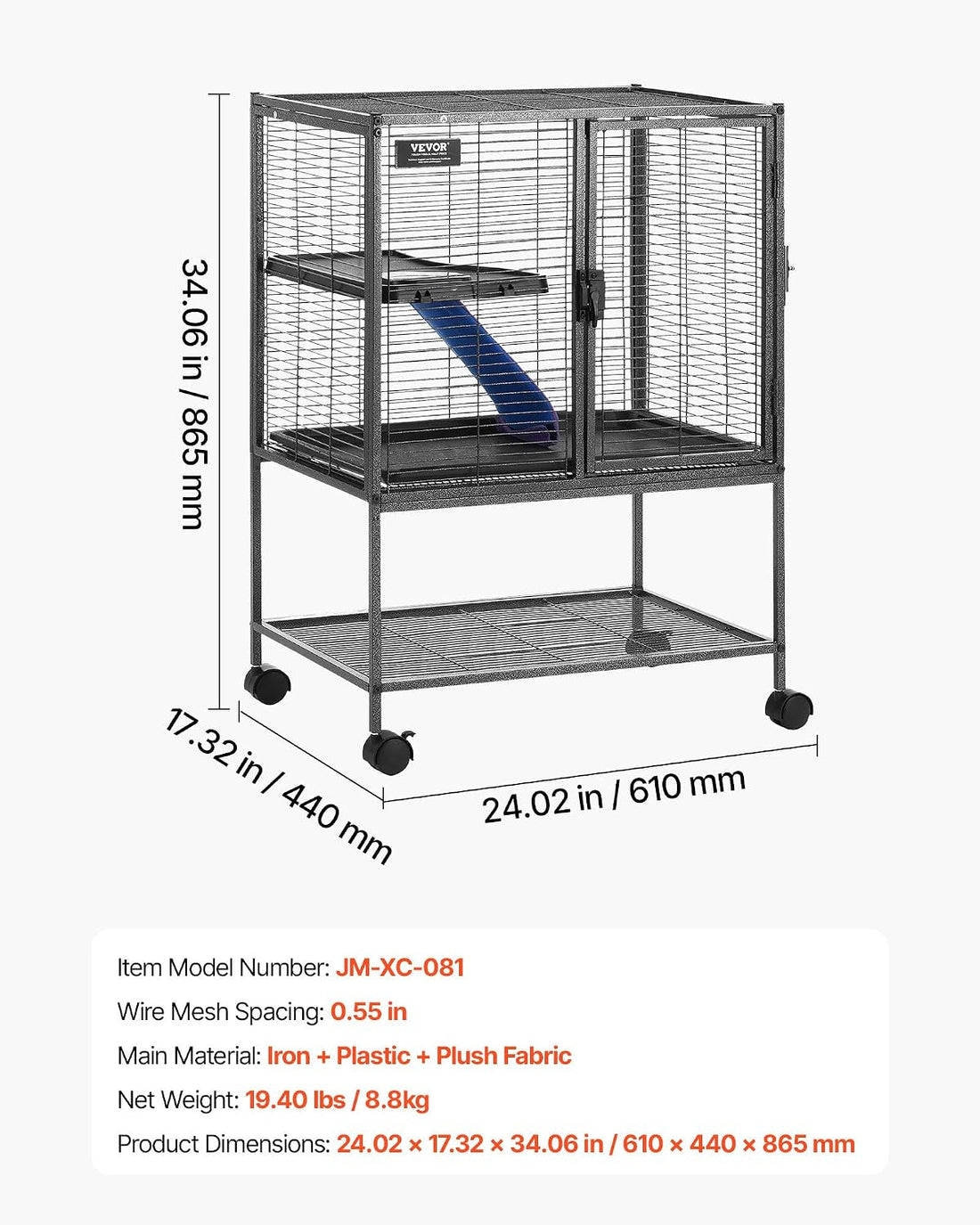 VEVOR Metal Small Animal Cage 34.06"H 2-Tier Rolling Ferret Cage On
