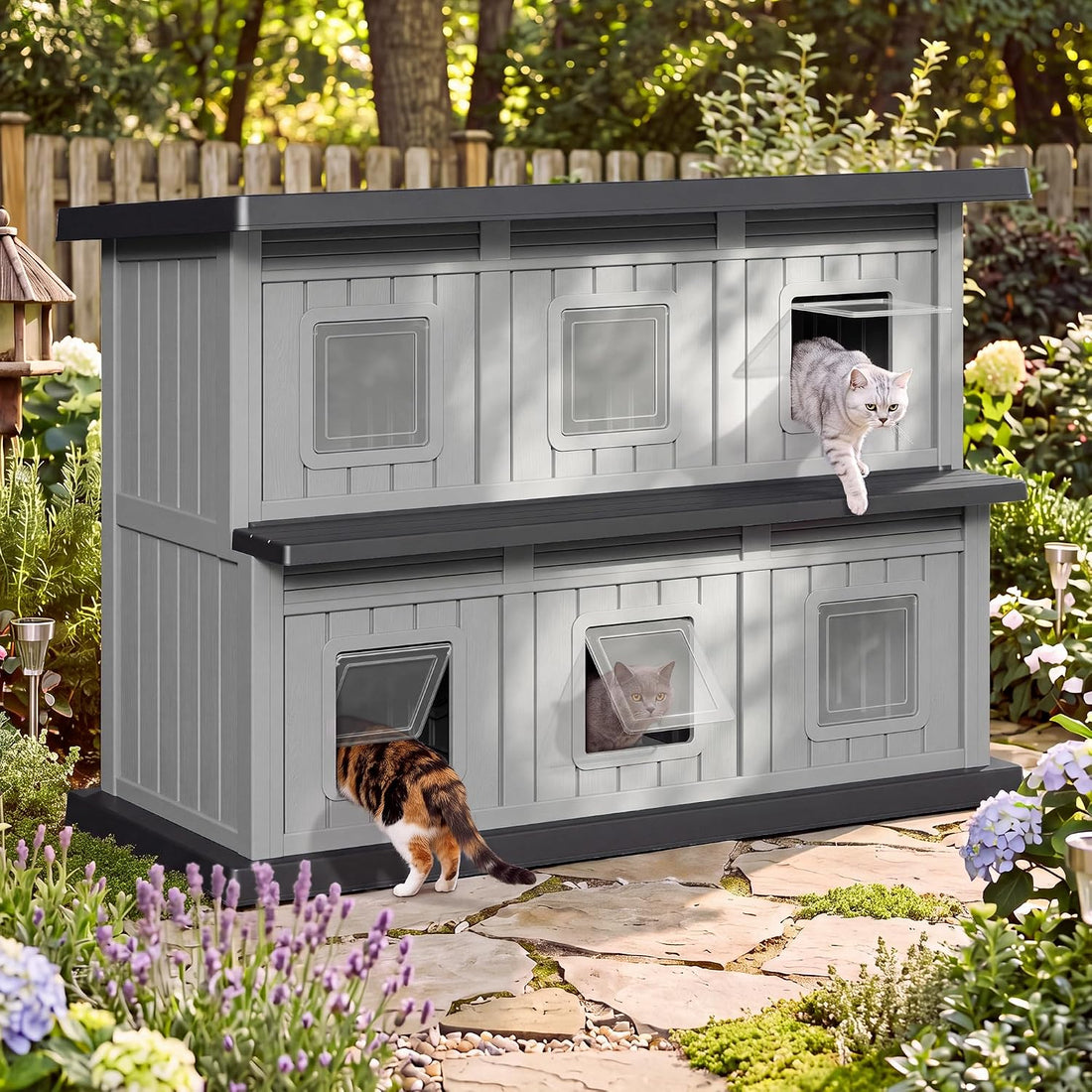 Fancyango Cat House Bed Cave, Cat Houses for Outdoor Cats, Grey-Black