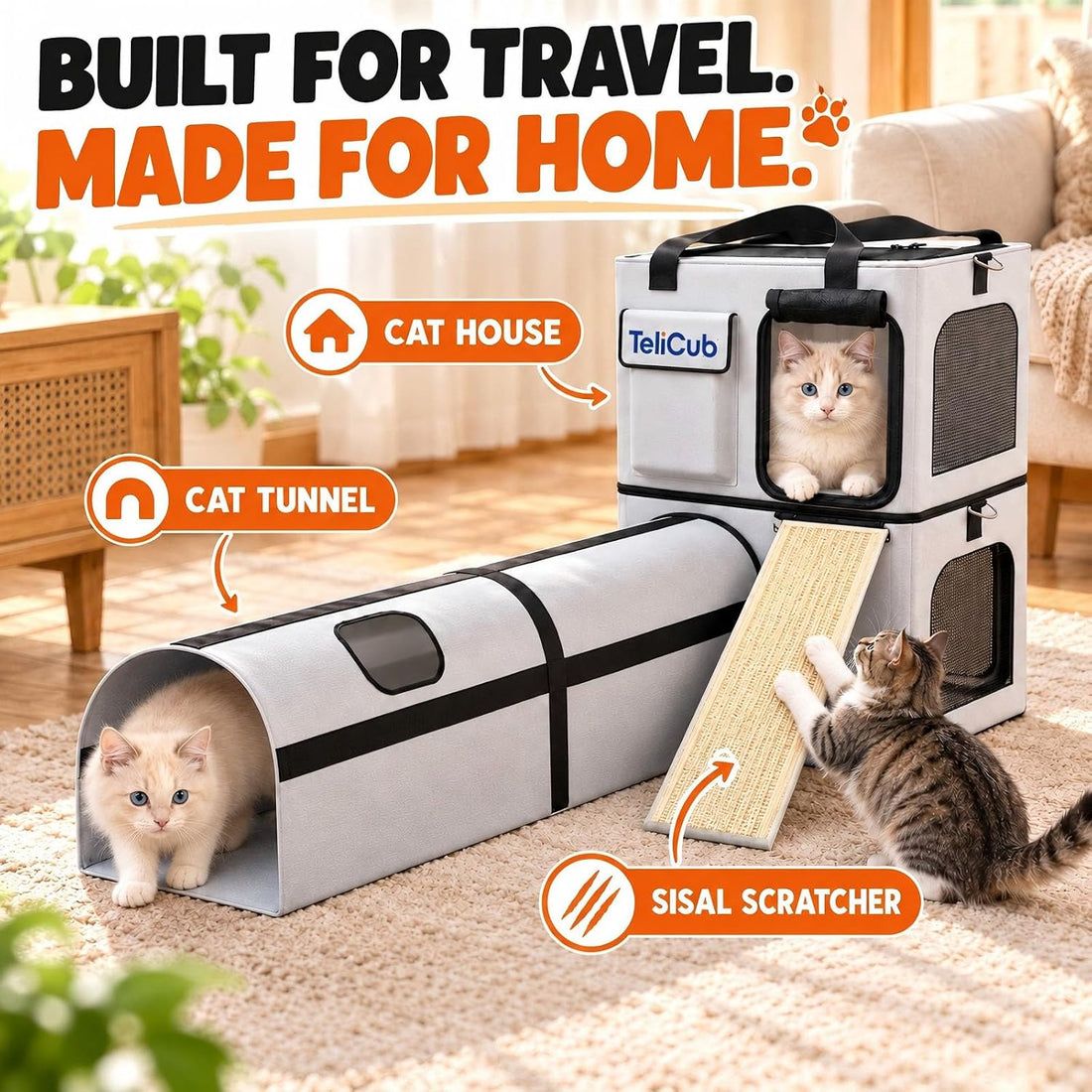 2-Pack Cat Carriers for Travel, Cat House with Scratcher & Tunnel