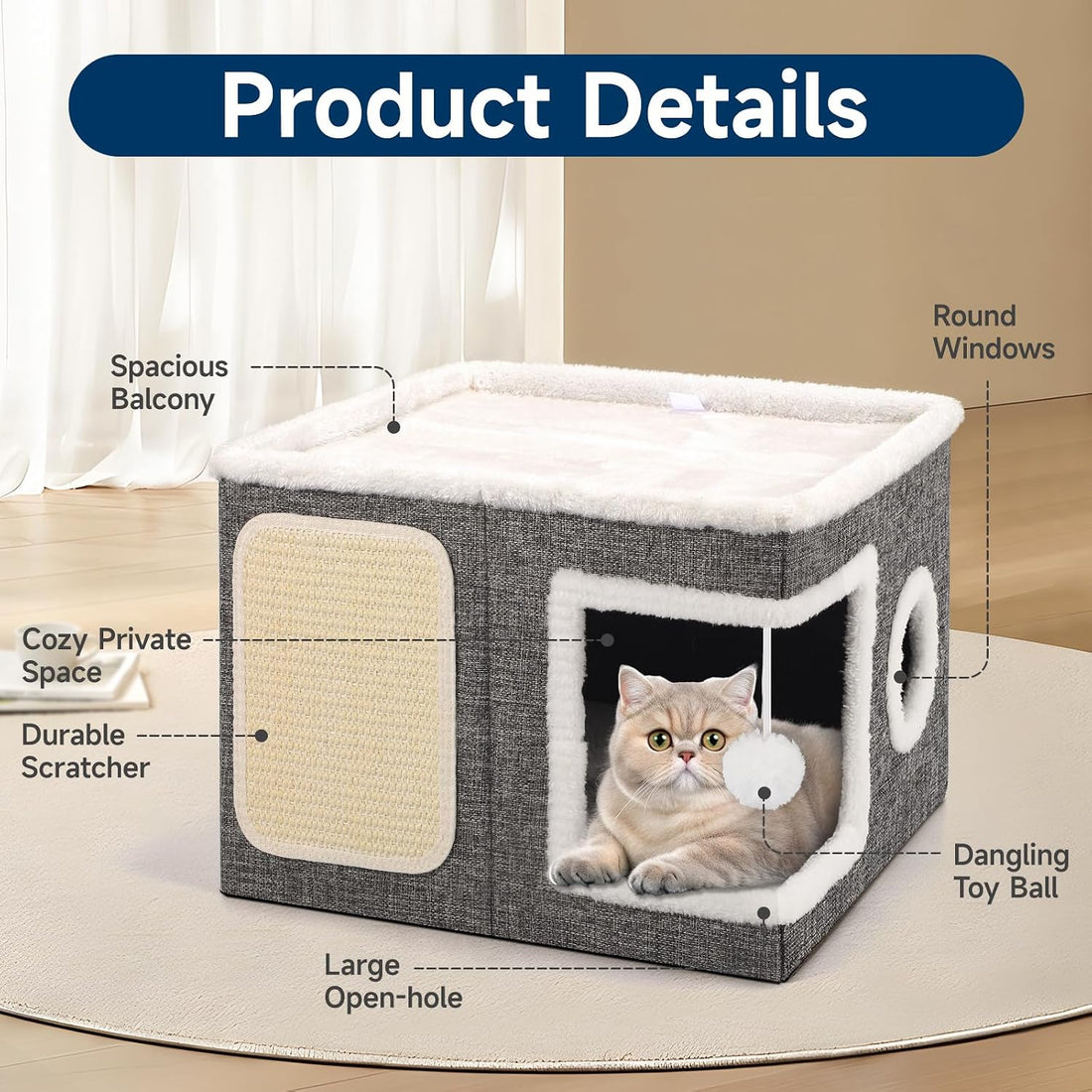 Shikha Cat Beds for Indoor Cats, Large Cat Cave with Cozy Condo