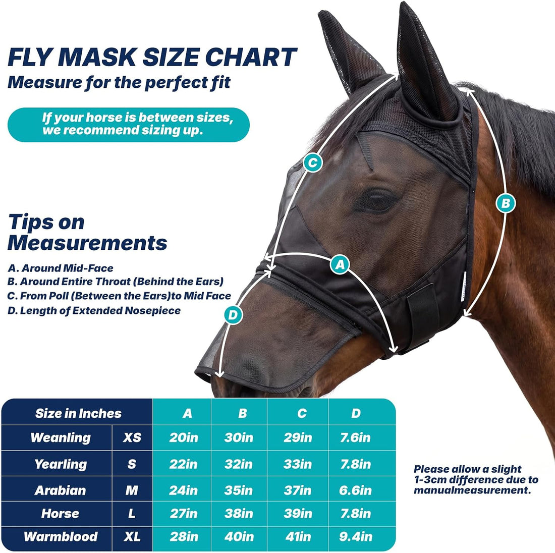 Horse Fly Mask with Ears & Detachab Nose Cover, Medium