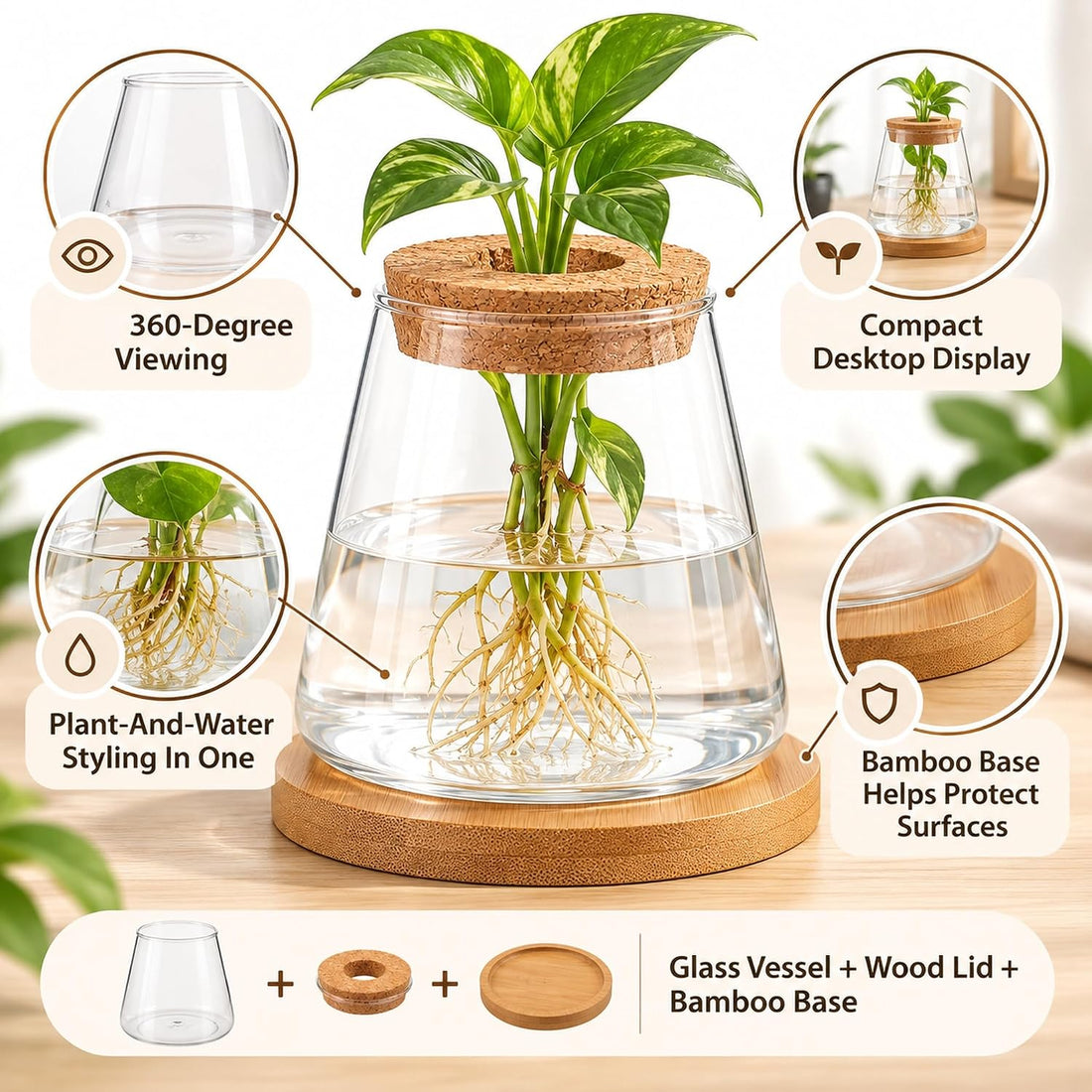 Glass Betta Fish Bowl, Desktop Plant Hydroponic Terrarium Kit 4''