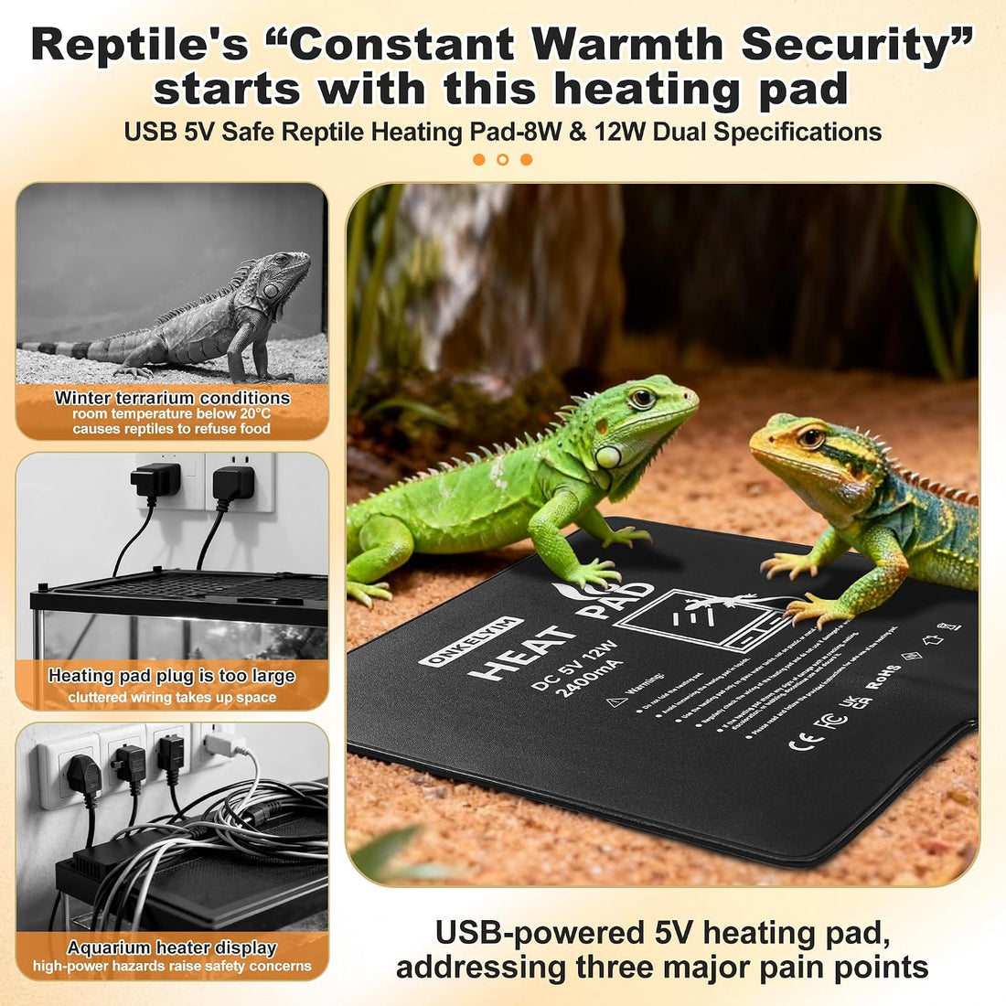 USB Reptile Heat Pad, 8"X8" 12W Heating Mat for Reptiles