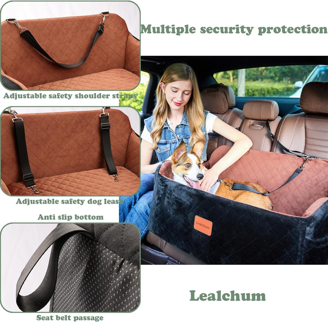 Lealchum Dog Car Seat Up to 55lb,2 Clip-On Safety Adjustable Leashs