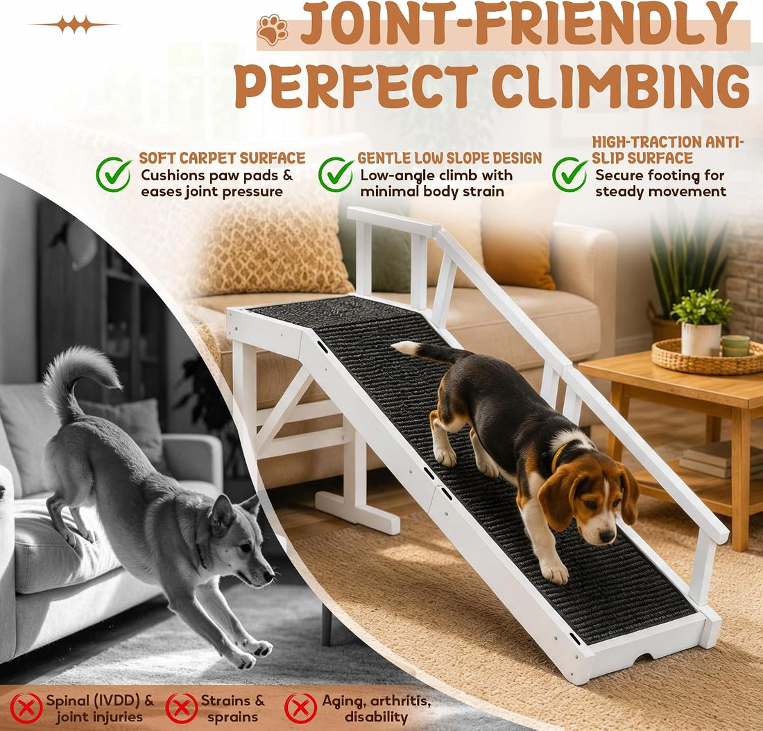62" Wooden Dog Ramp for Bed & Couch, Pet Ramp with Platform White