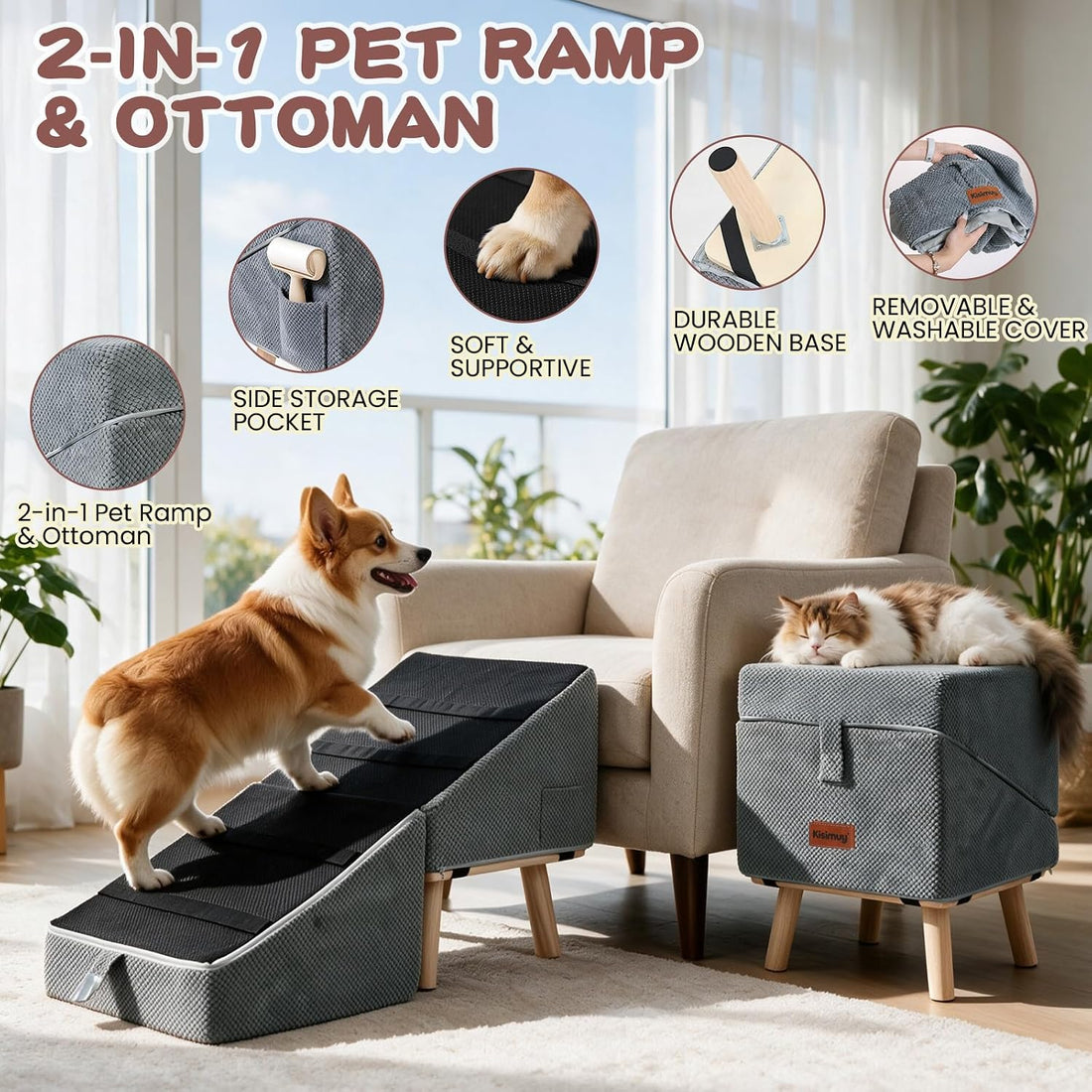 Space-Saving Dog Ramp for Bed, 2-in-1 Ottoman for Small Dogs