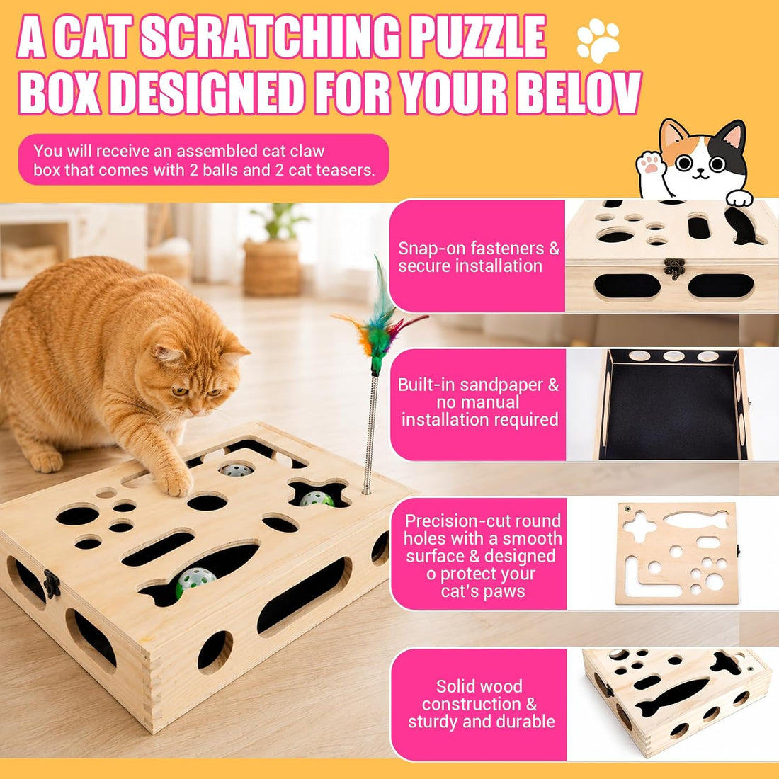 Large Cat Nail File Box, Sturdy Wood Cat Scratch Puzzle Enrichment Box