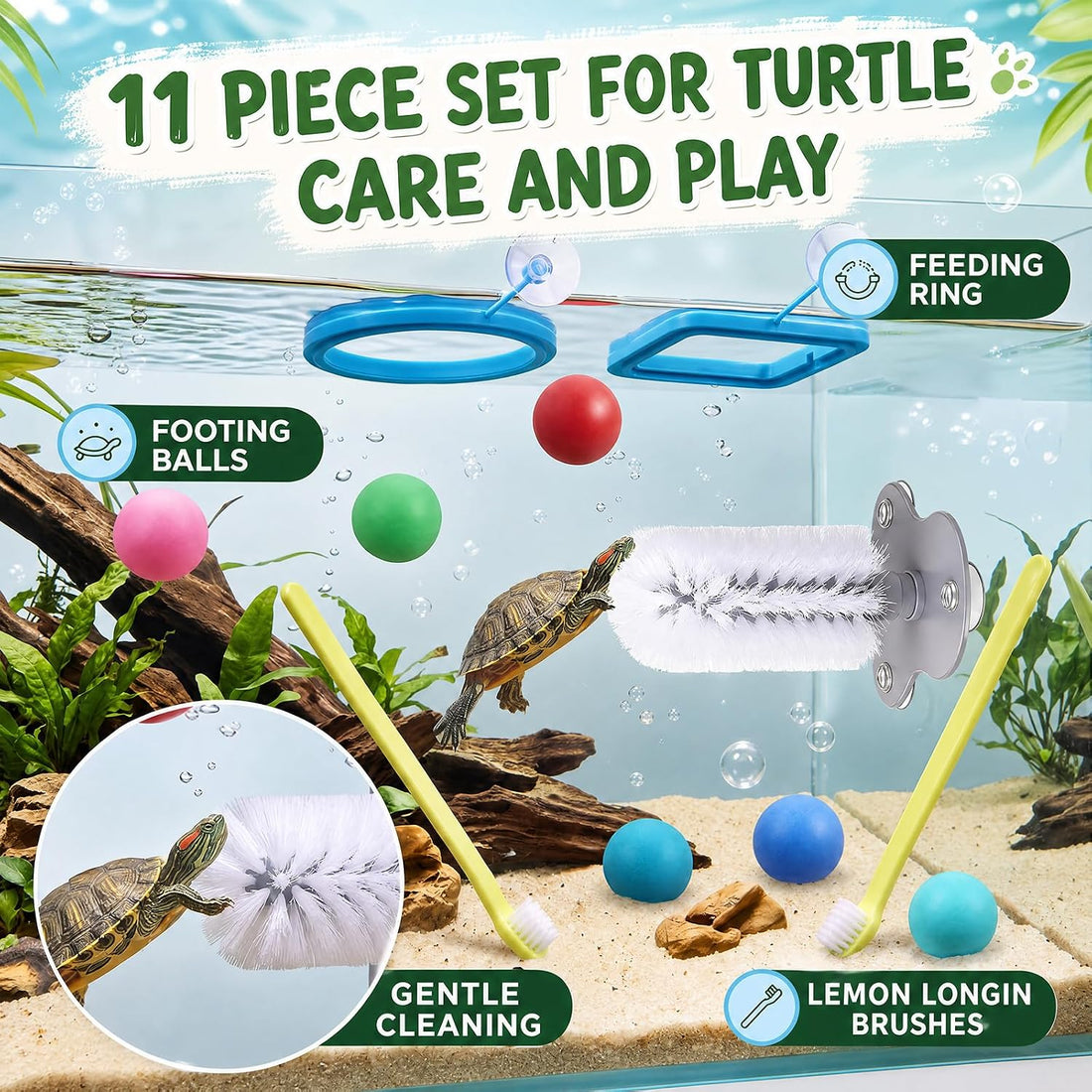 Sosation 11 Pcs Turtle Tank Accessories Turtle Brush Toy Cleaner