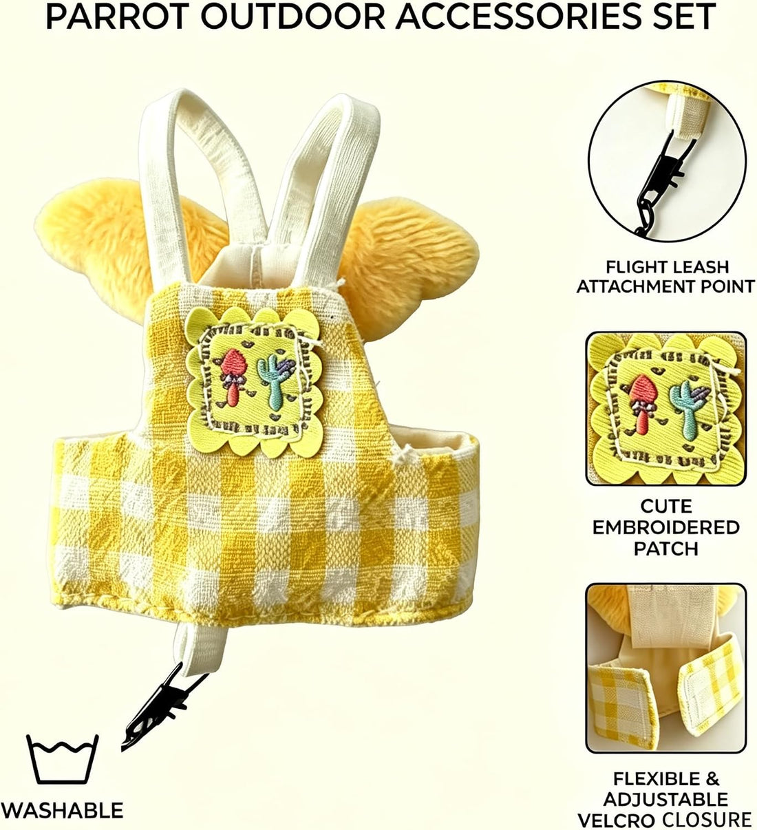 Dual-Use Bird Harness & Bungee Leash Set w/Wings, 3 Rings, Yellow