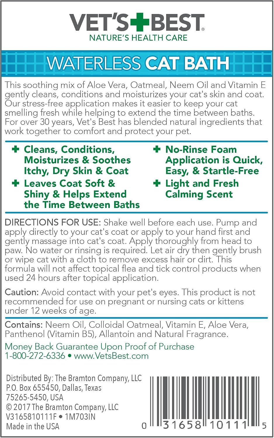 Vet's Best Waterless Cat Bath, No Rinse Waterless Dry Shampoo for Cats