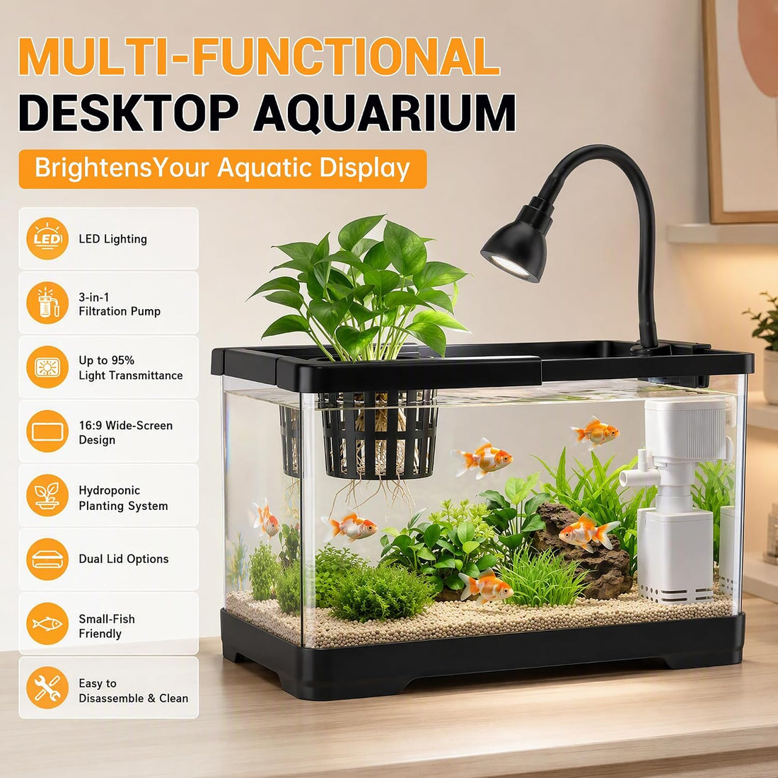 AS Fish Tank Aquarium with LED & 3-in-1 Pump for Betta, 3 Gal