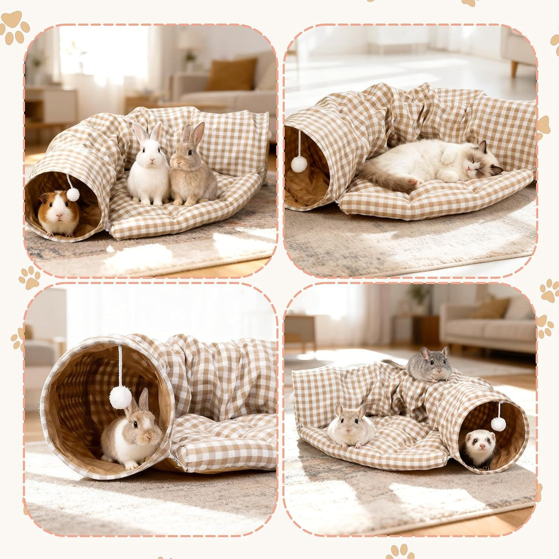 Bunny Tunnel Bed, Collapsible Tunnel Tubes with Removable Bed