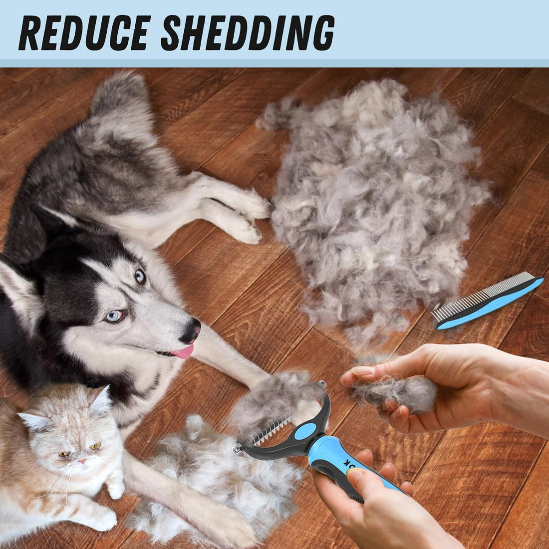 Docrok Pet Grooming Combo - Blue Deshedding Brush with Metal Comb