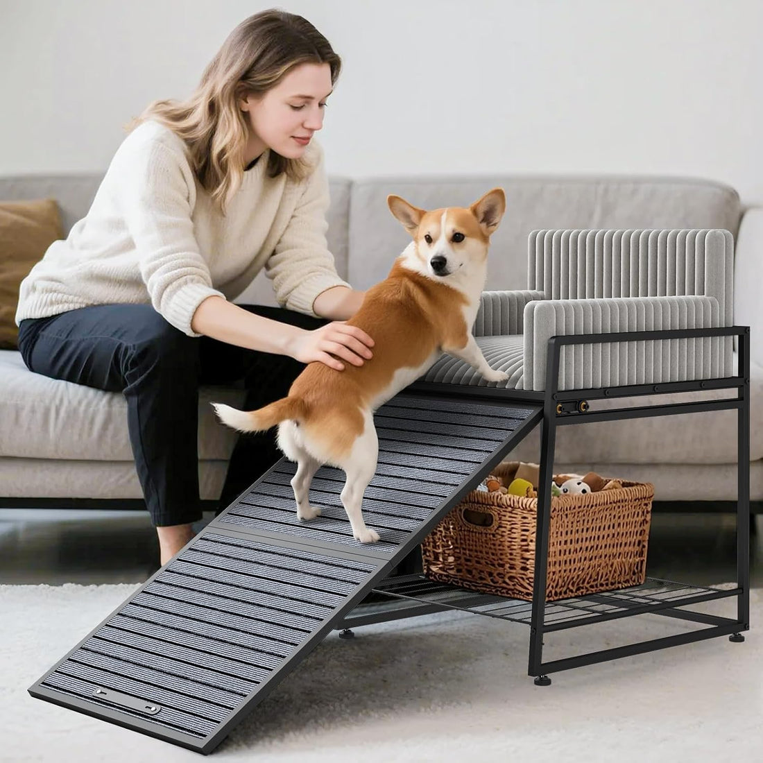 Dog Window Perch with Stairs and Storage,Pet Stairs Ramp with Seat