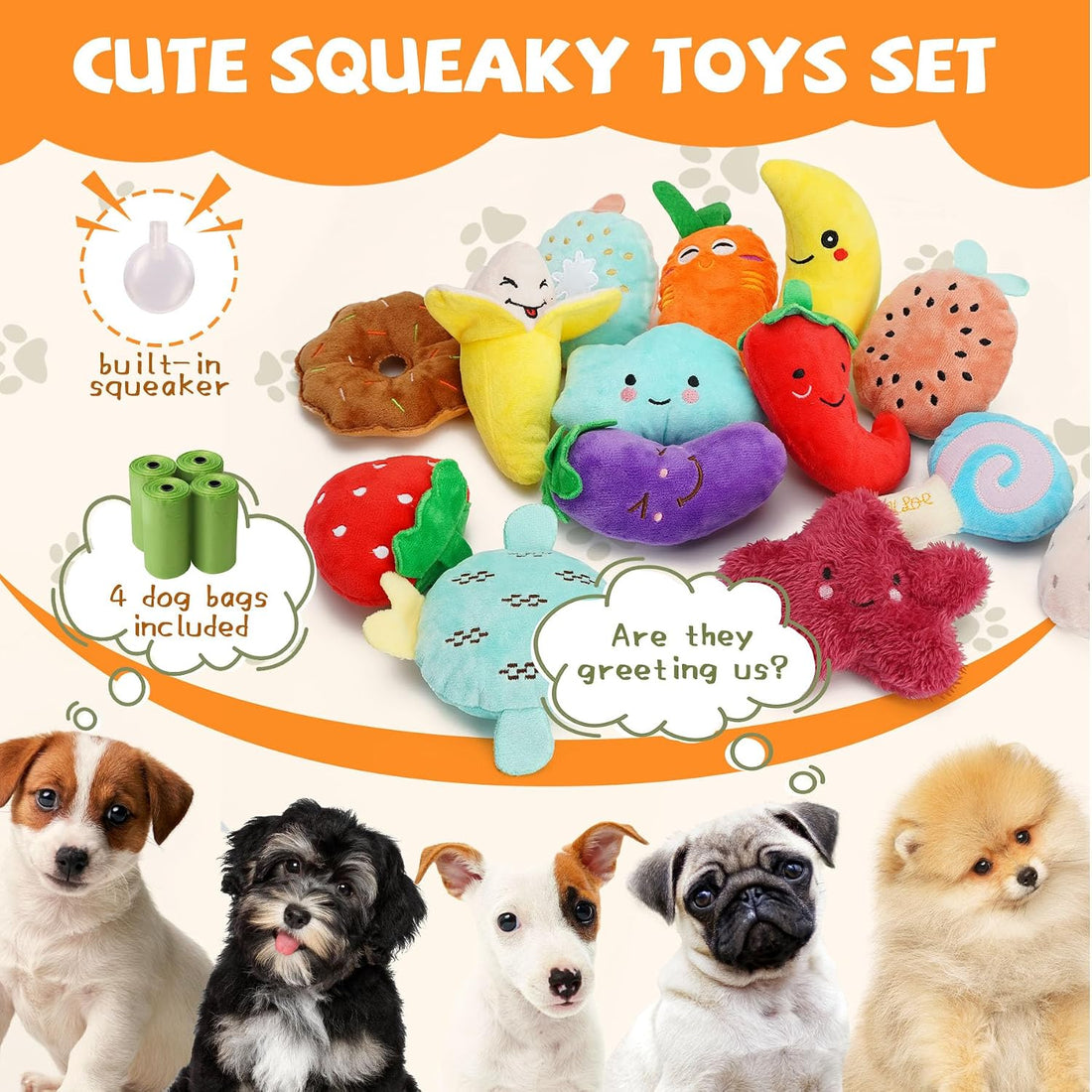 QTwoof Cheerful 20-Pack Squeaky Dog Toys Set - Included 4 Dog Bags