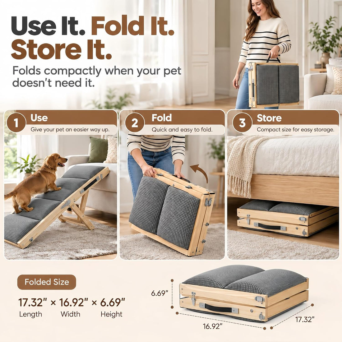 Dog Ramp for Bed & Couch, Folding & Ajustable Pet Steps 13.8''