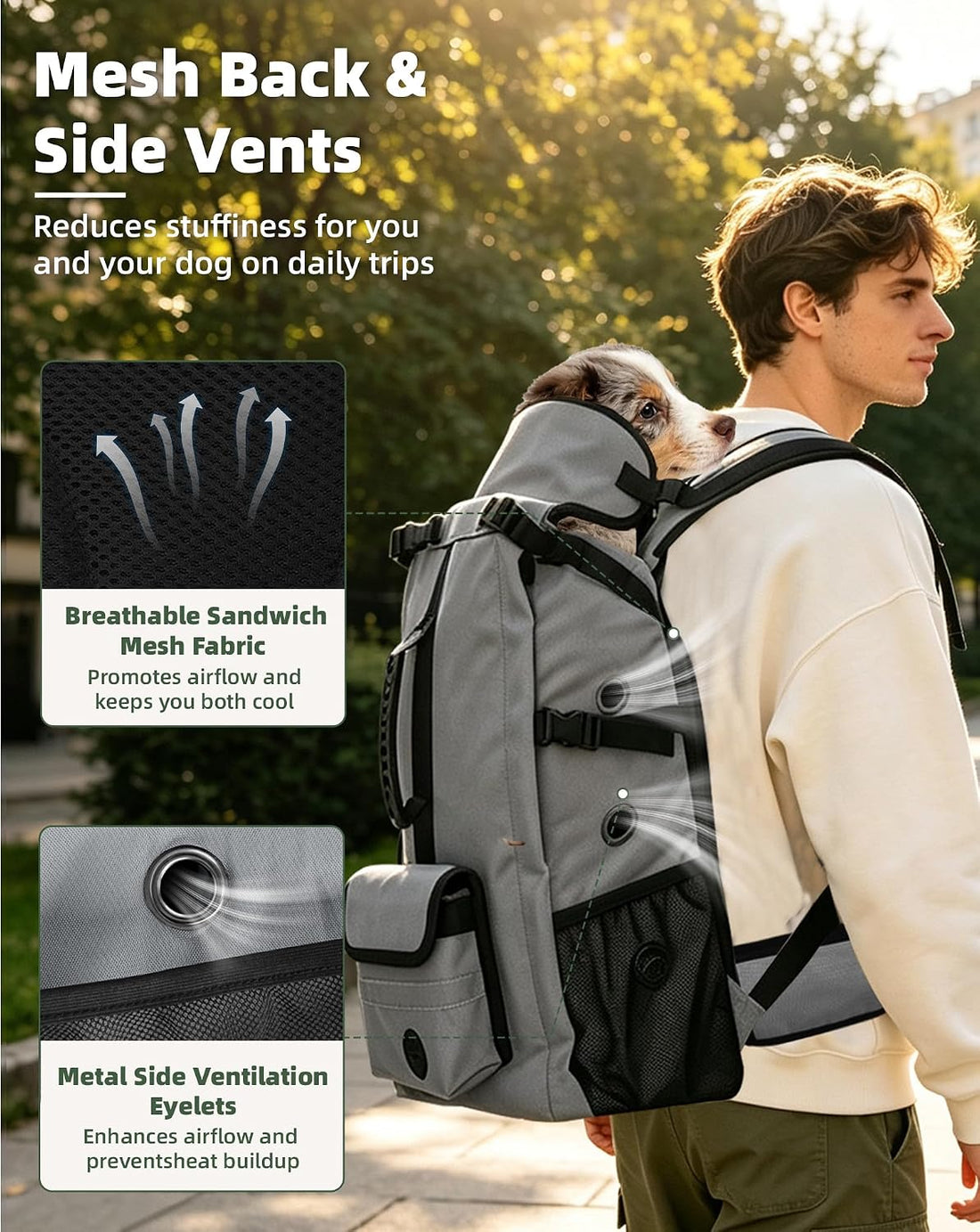 Breathable Dog Hiking Backpack Carrier for Large Dogs, Grey
