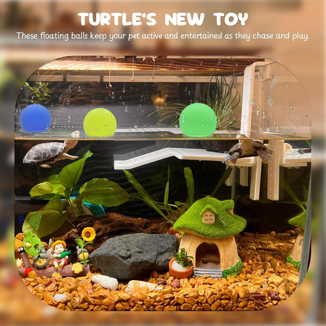 Turtle Toys for Aquatic Turtle Tank Accessories, Brush and 4 Balls
