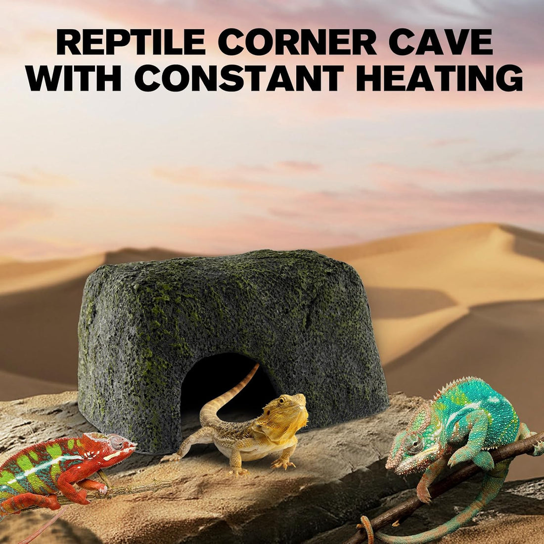 Reptile Heated Rock Bearded Dragon Basking Platform with Hide