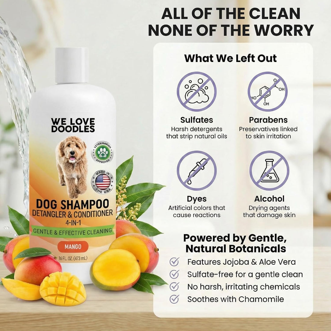 Dog Shampoo & Dog Detangler Spray, Tearless, Dog Bath Supplies
