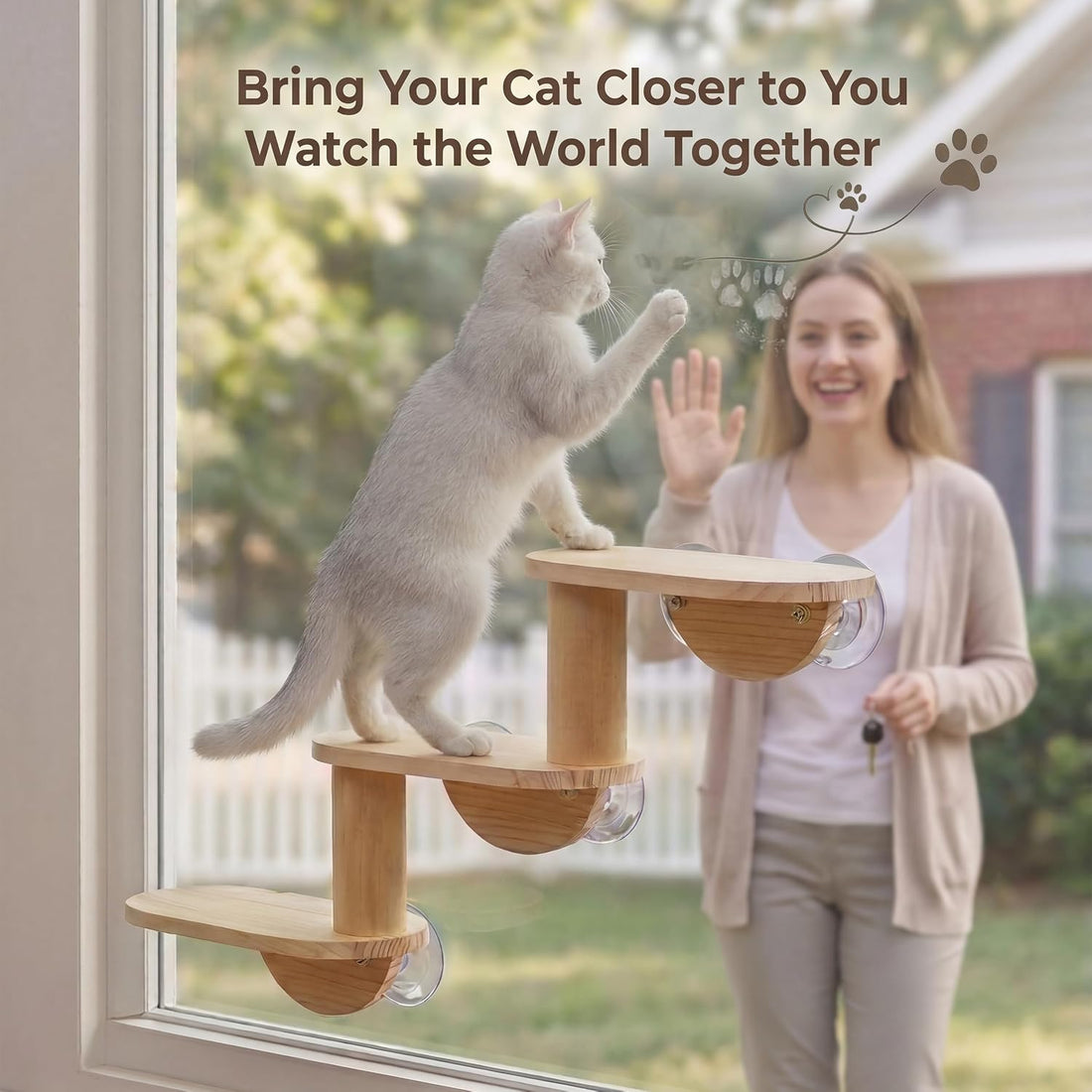 Cat Window Ladder, 3-Level Solid Pine Steps for Climbing and Bird