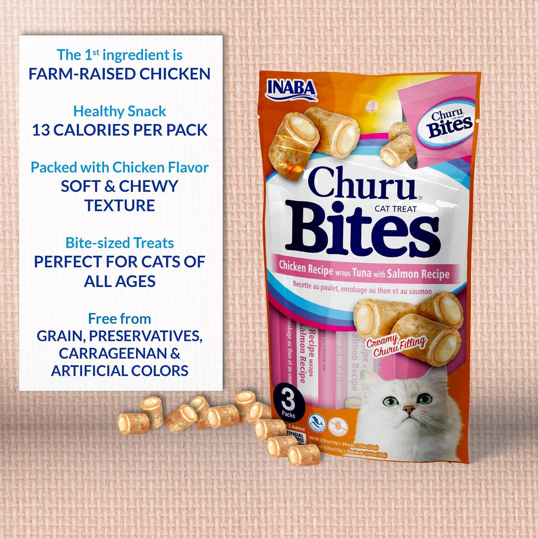 INABA Churu Bites for Cats, Soft/Chewy Baked Chicken Wrapped Churu