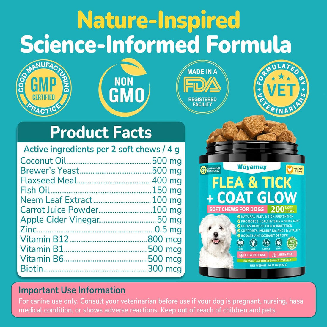 Woyamay Flea and Tick Prevention for Dogs, Soft Chews, Chicken Flavor