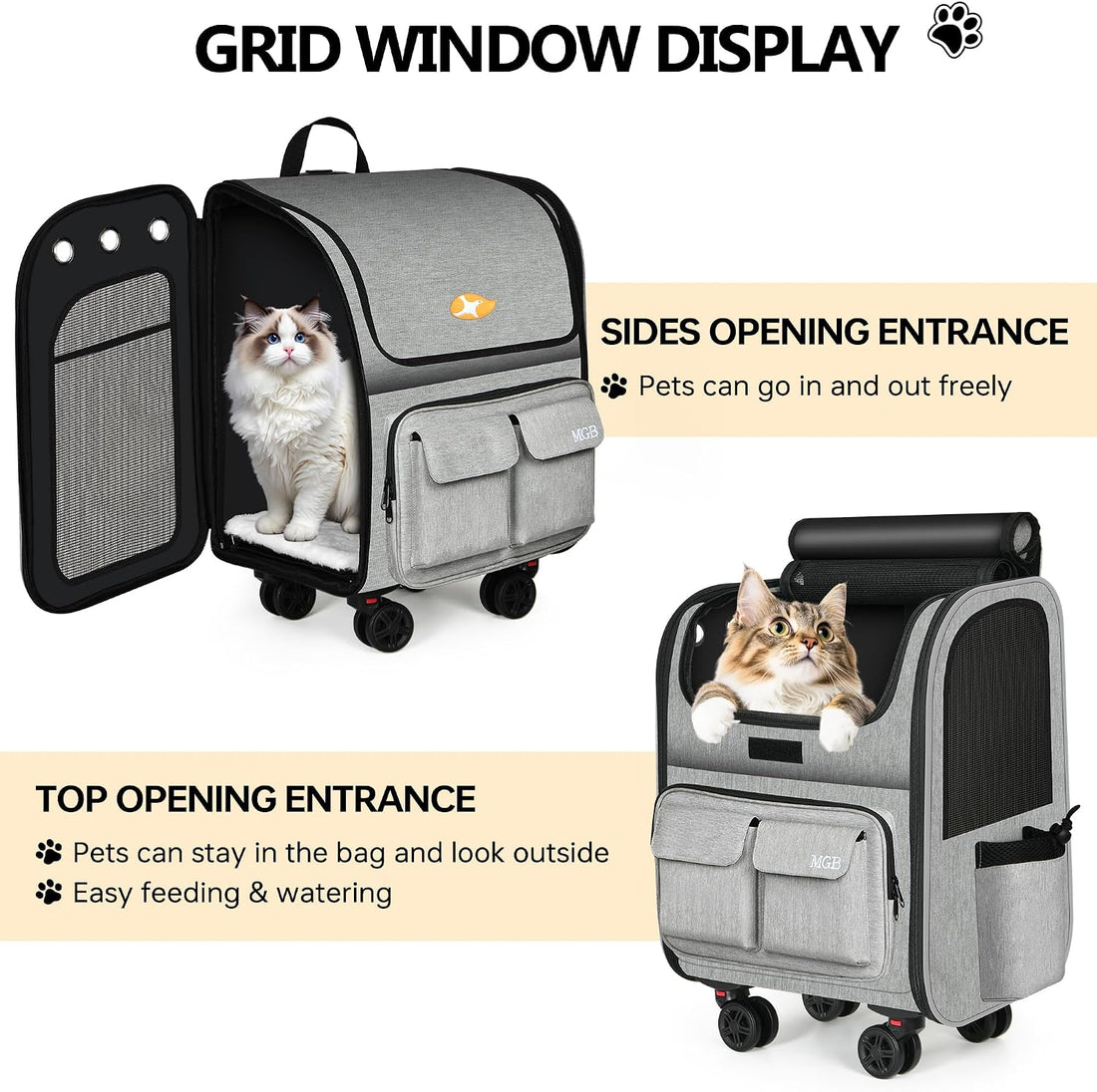 MGB Pet Carrier with Wheels, Rolling Cat Carrier Gray
