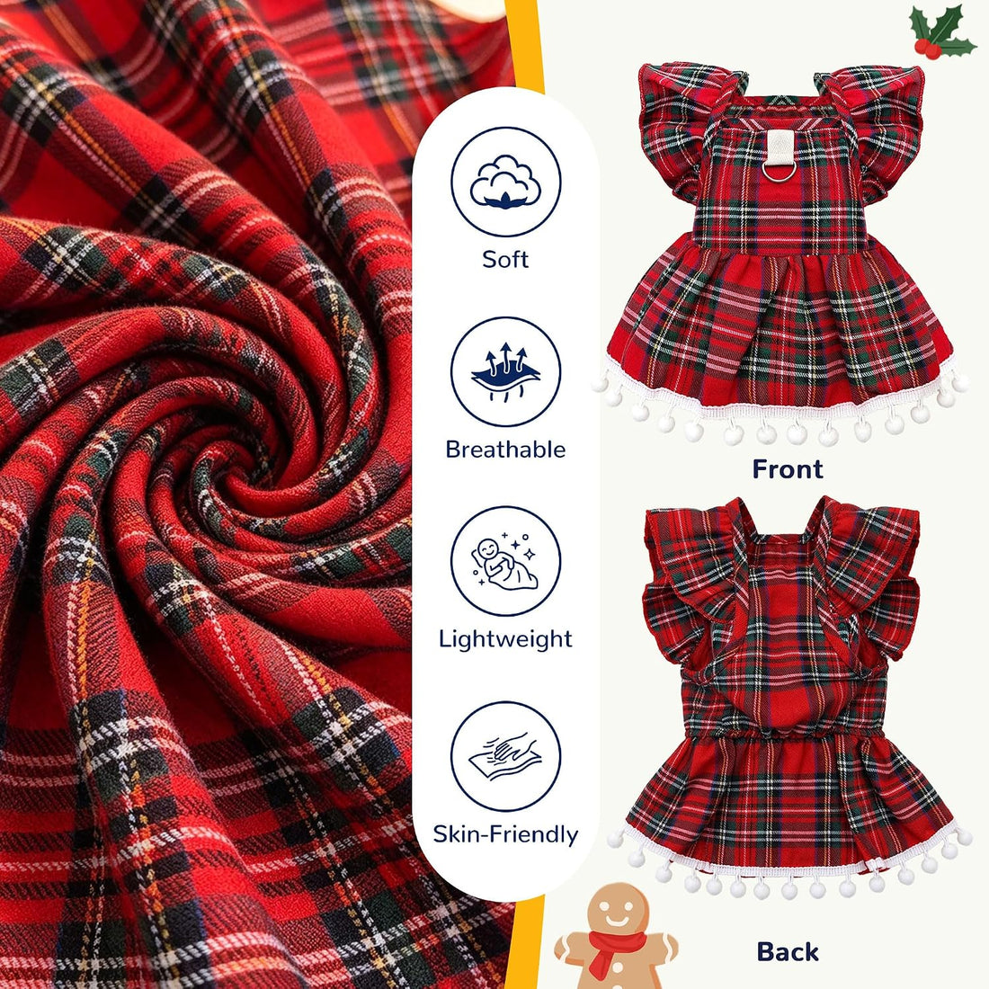 ABRRLO Plaid Small Dog Cat Christmas Dress Outfits with Bow & Leash