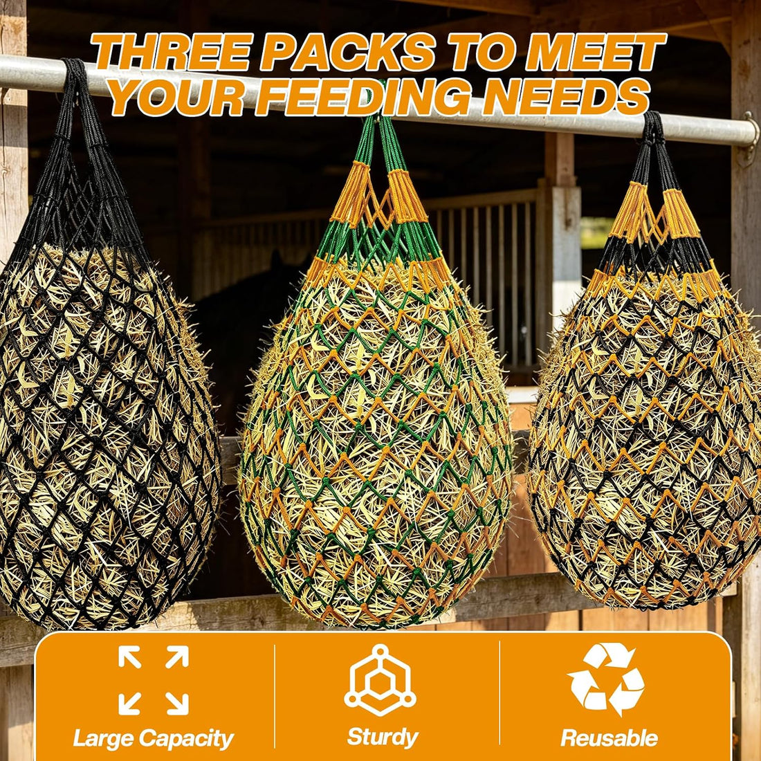 Hay Nets for Horses, 3-Pack Large-Capacity Hay Net for Horses Goats
