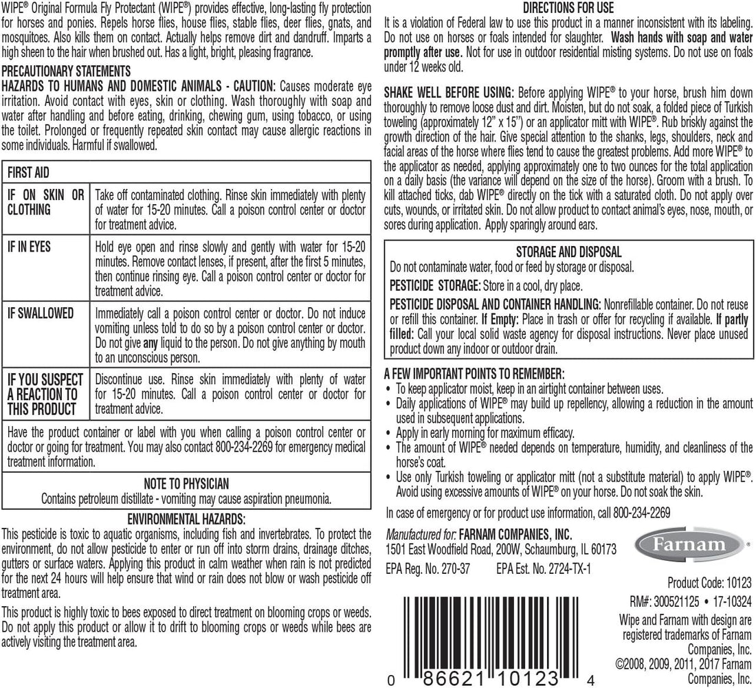 Farnam Wipe Original Formula Fly and Tick Protectant for Horses, 32 oz