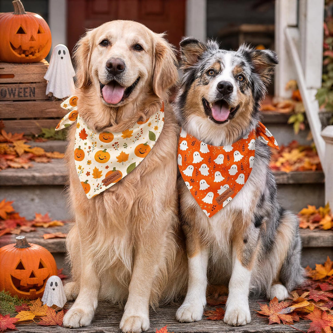 Fall Halloween Dog Bandanas Reversible Pumpkin Leaves Bibs Scarf