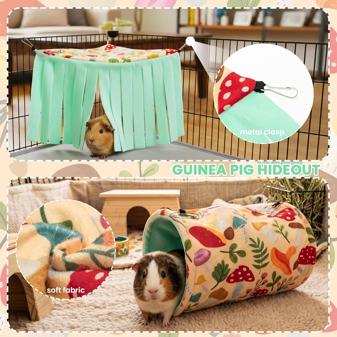 Guinea Pig Hideout Set (4-Pack), Tunnel, Corner Hide, Hay Bag & Mat