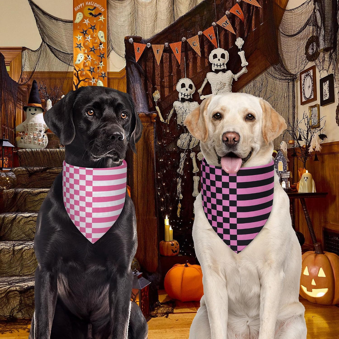 Halloween Dog Bandanas Pink Black XLarge 2PCS, Scarf for Boy or Girl