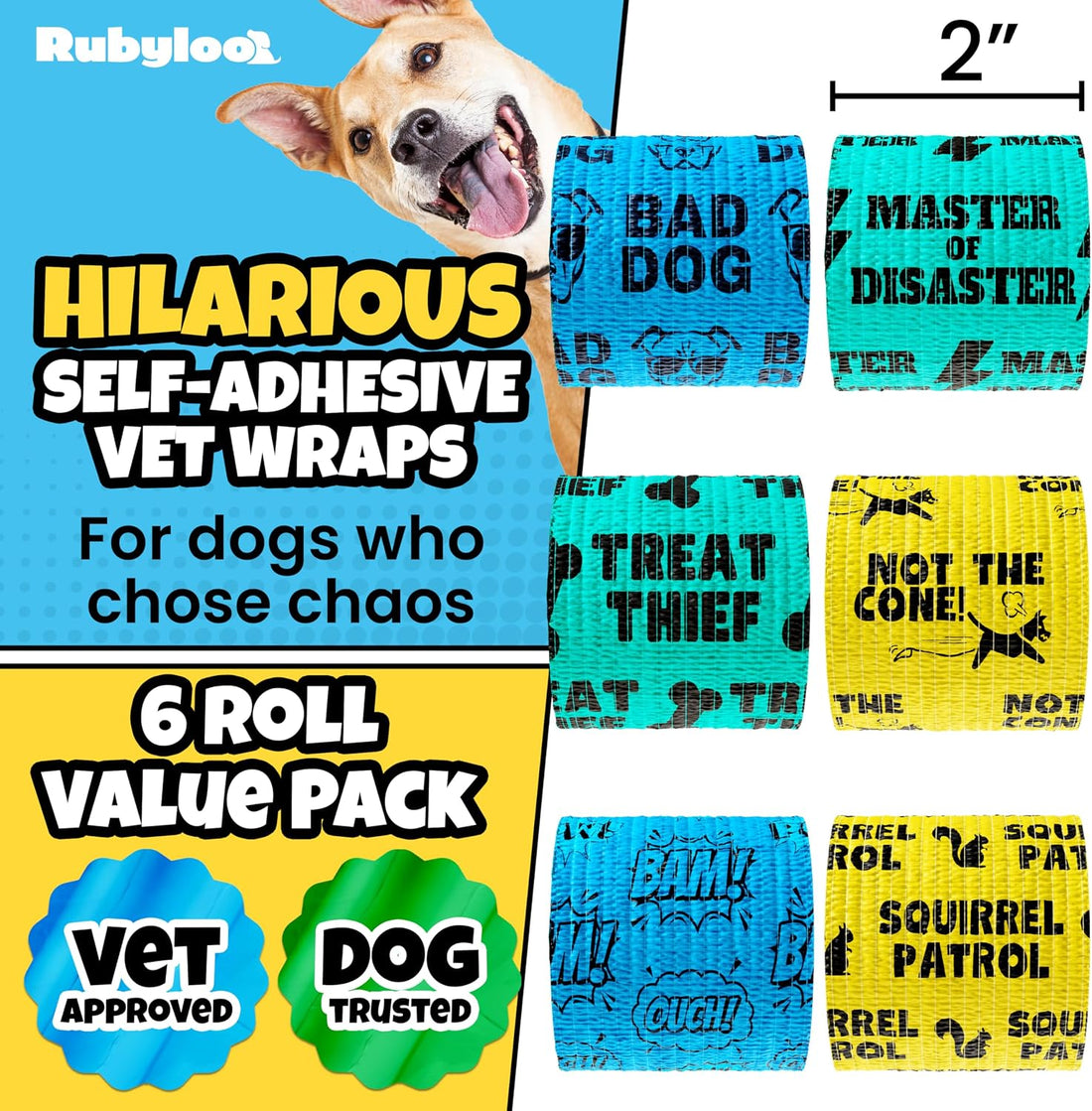 Funny Vet Wrap for Dogs, 2in Self-Adhesive Bandage Tape, 6 Pack Girls