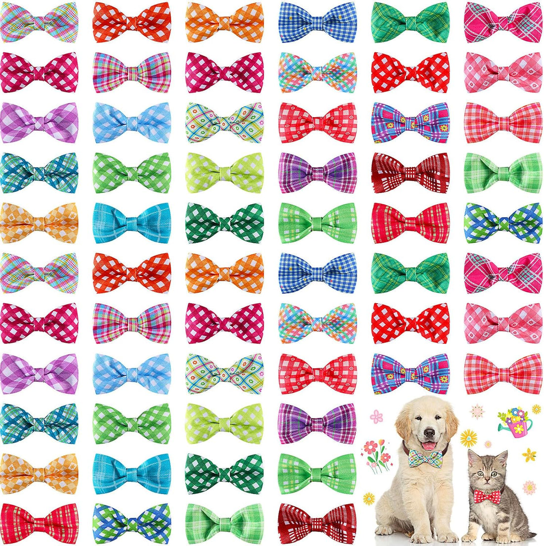 Silkfly 60 Pcs Fall Thanksgiving Plaid Dog Collar Bow Ties Bulk