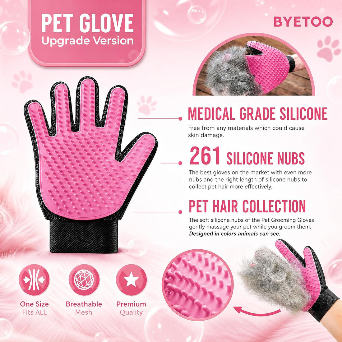 BYETOO Pet Dog Cat Grooming Glove with 261Tips,Gentle Deshedding