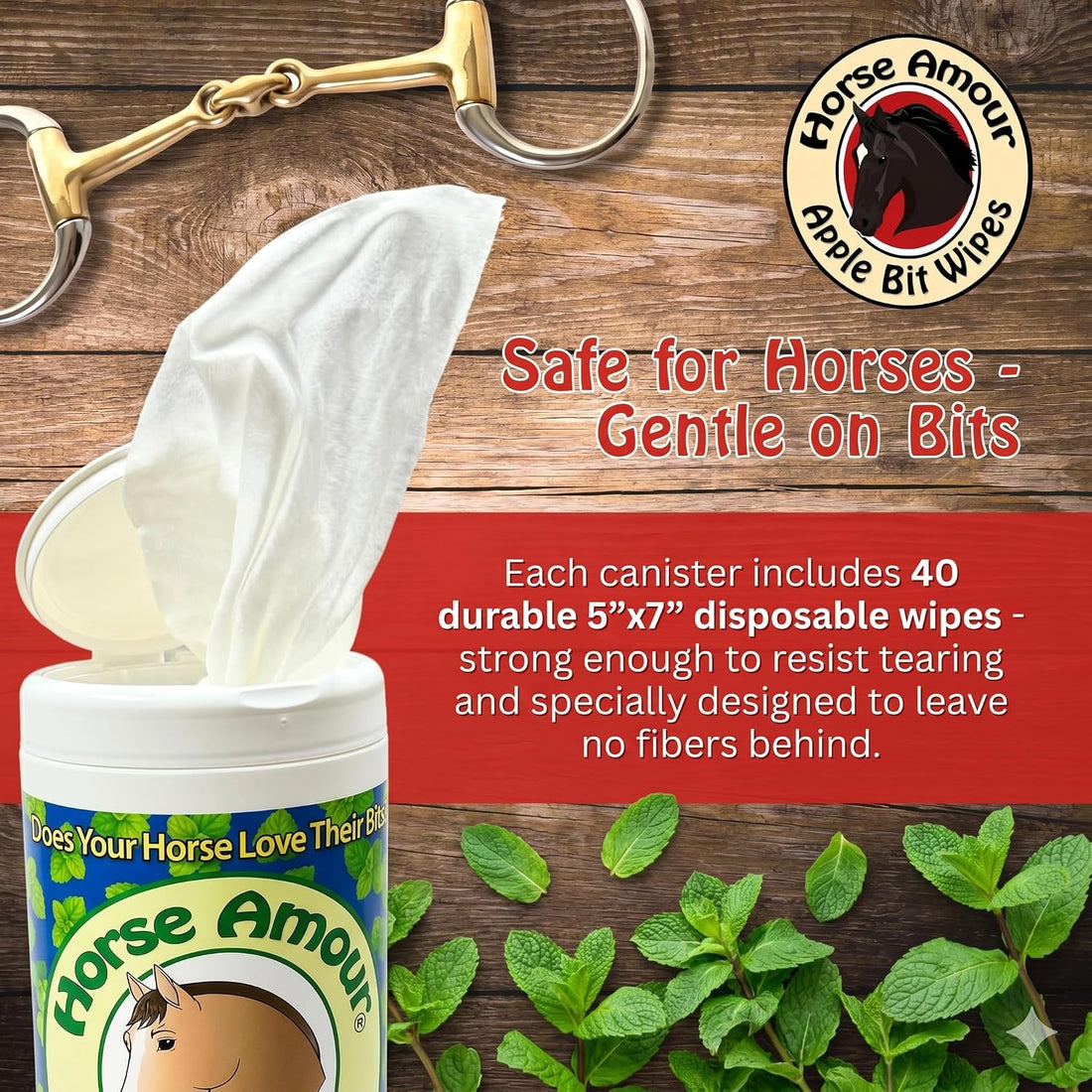 Horse Bit Wipes, Peppermint Scent, 40 Count