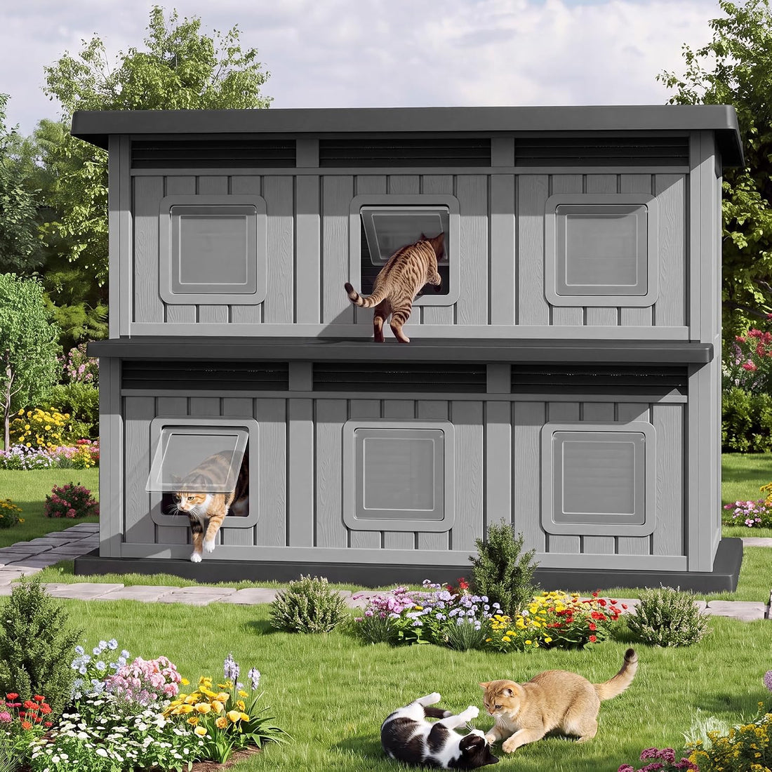 Fancyango Cat House Bed Cave, Cat Houses for Outdoor Cats, Grey-Black