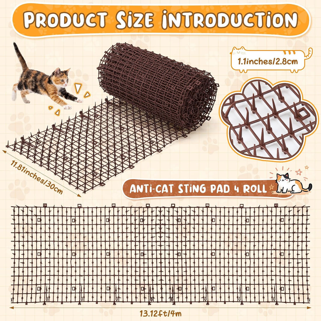 4 Pcs 52.6 ft Cat Spike Mat Outdoor Cat Deterrent Mat