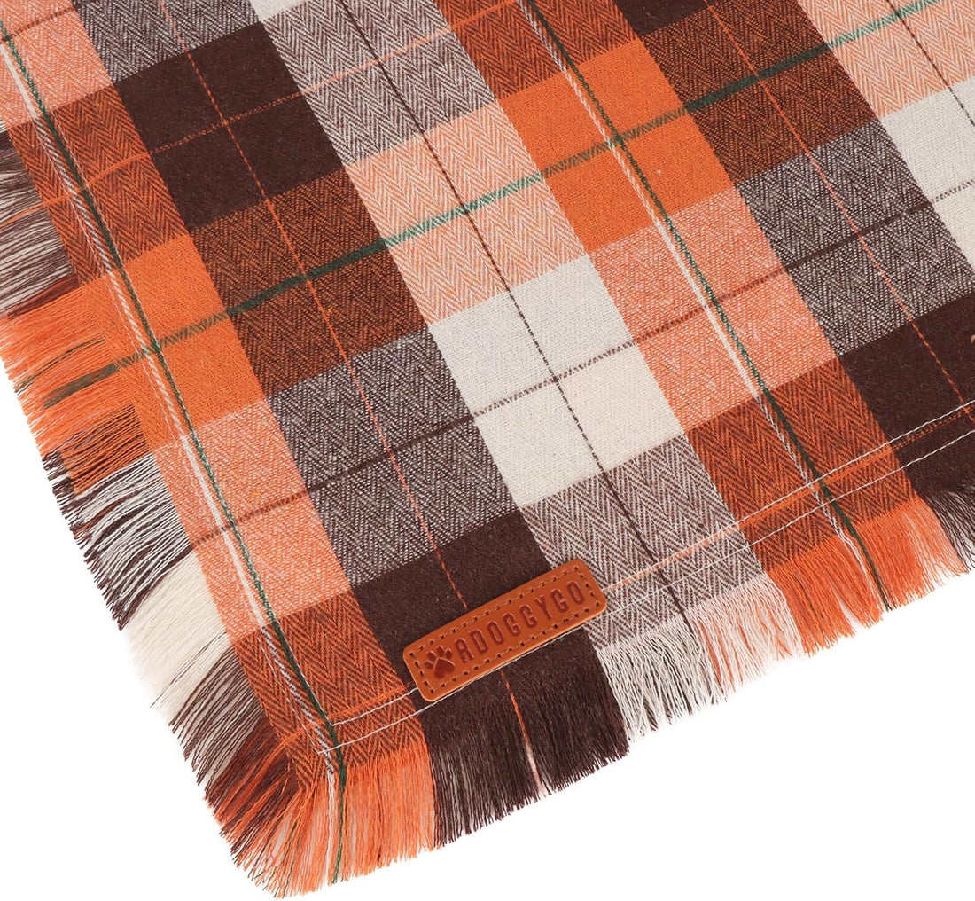 ADOGGYGO Fall Dog Bandana with Tassels Edges, Plaid Thanksgiving Scarf