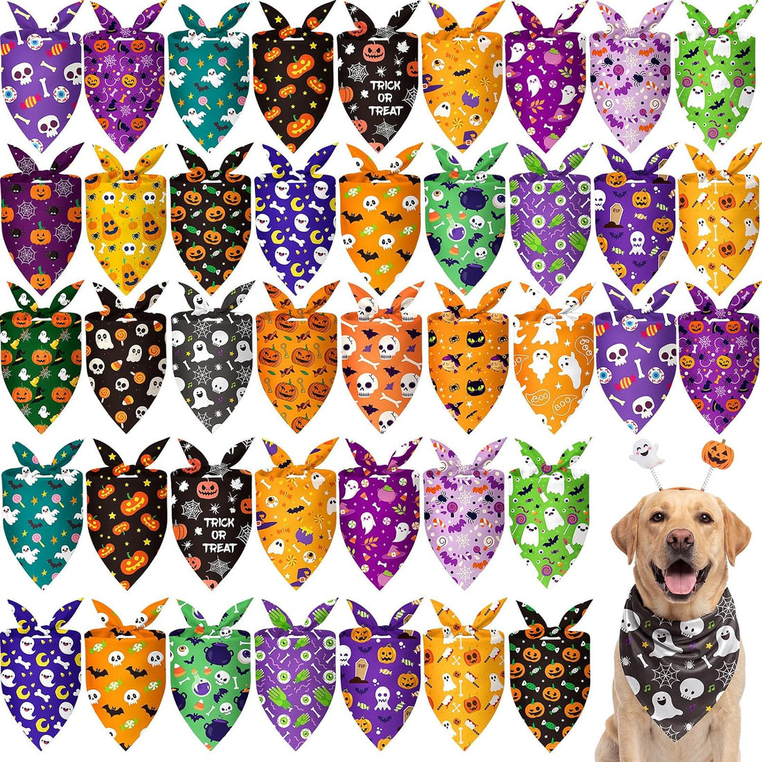 50 Pcs Halloween Dog Bandanas Bulk, Pumpkin Ghost Bat Skull Pattern