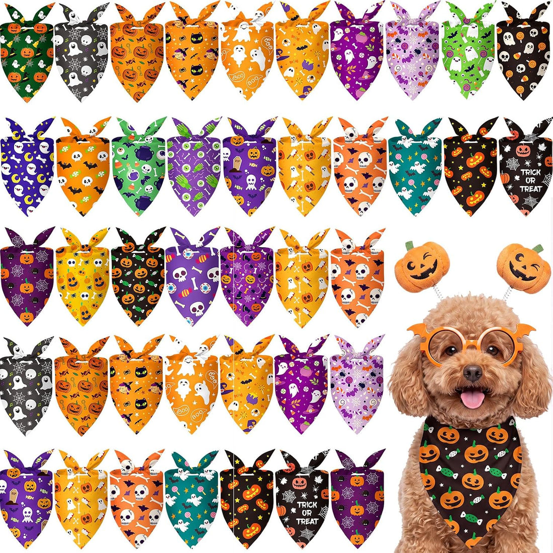 50 Pcs Halloween Dog Bandanas Bulk, Pumpkin Ghost Bat Skull Pattern