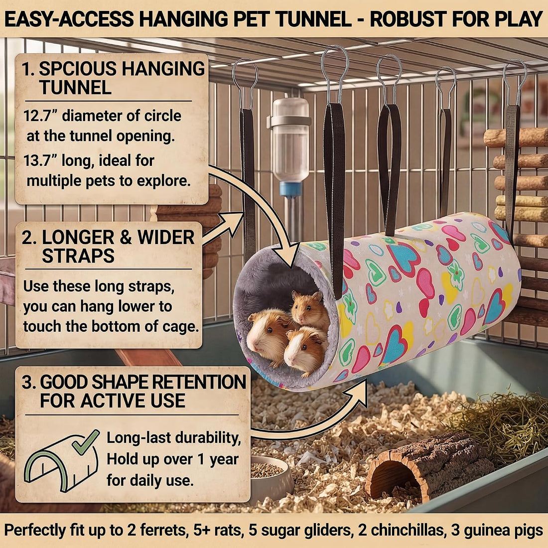 petonfun 2 Pack Ferret Rat Hammock Tunnel for Cage Accessories Toy