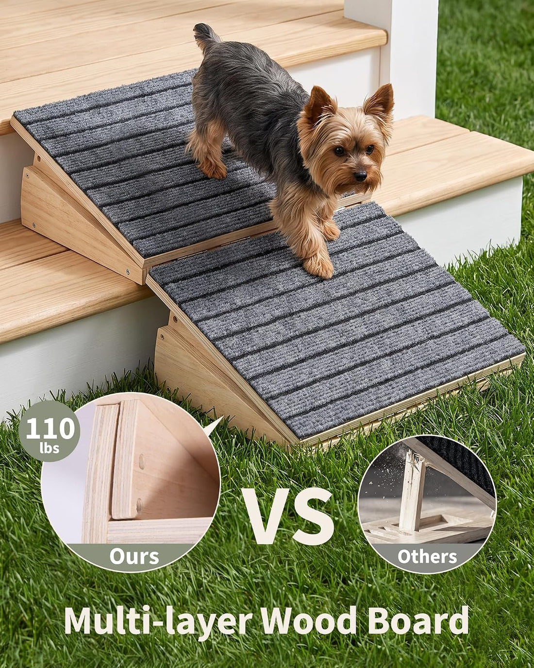 Dog Ramp for Stairs Adjustable, Non-Slip Wooden Pet Steps