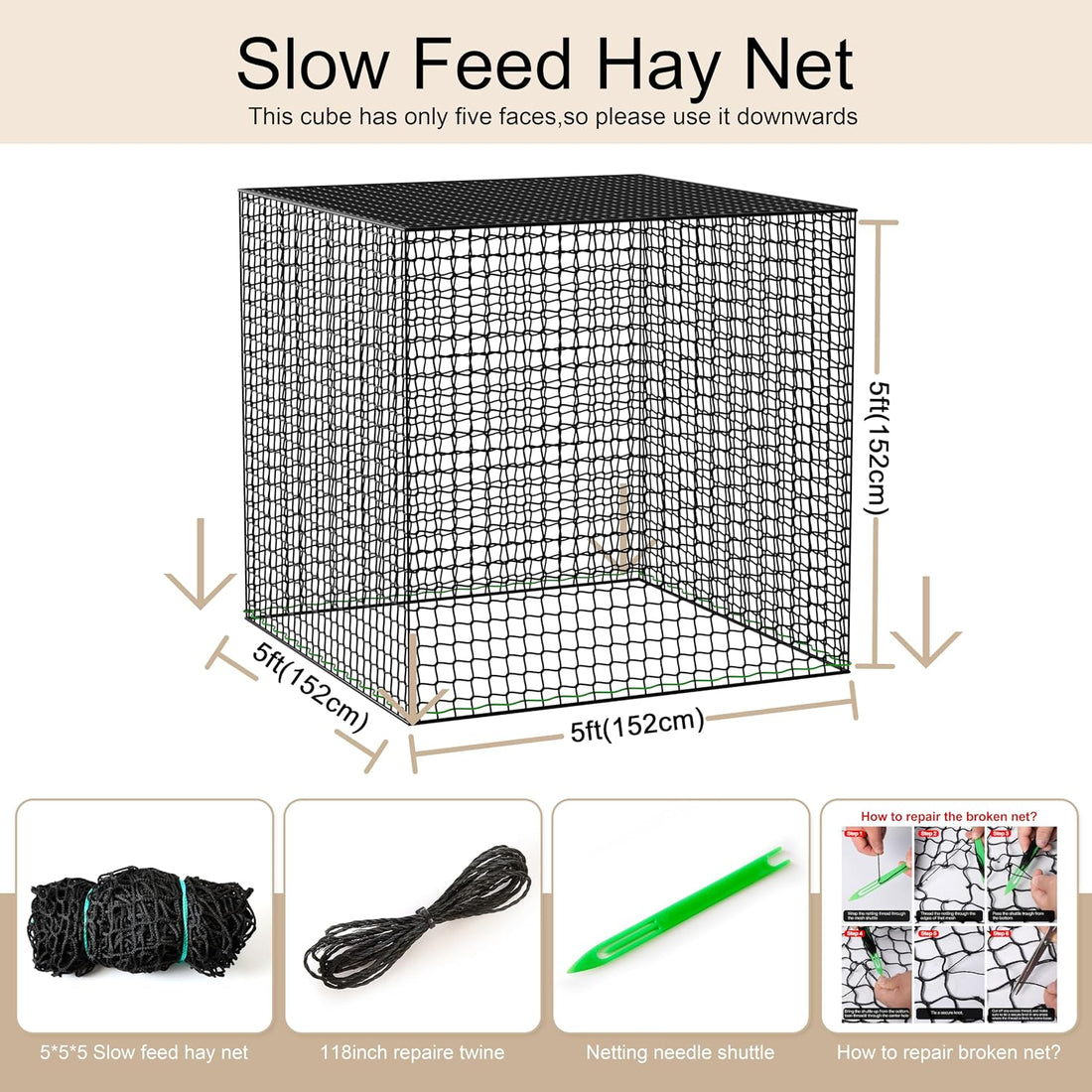 Martx 5x5ft Round Bale Hay Net for Horses Slow Feed, Knotless Feeder
