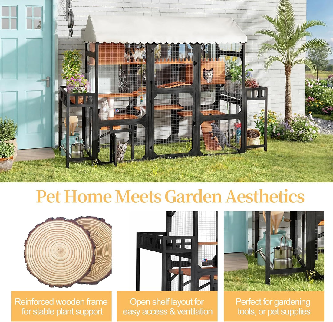 Large Outdoor Cat Enclosure Wooden Catio, Multi-Level Cat Playpen